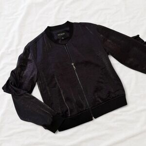 Guess Los Angeles Black Satin Ruffle Bomber Jacket